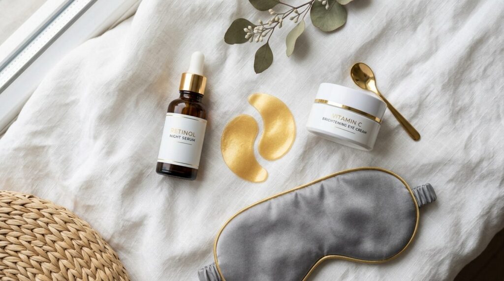Flat lay product photography of luxury eye care essentials i