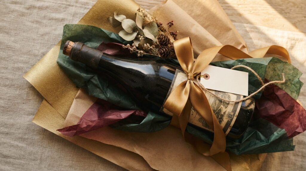 Close-up flatlay composition of a Barolo Nebbiolo wine bottl
