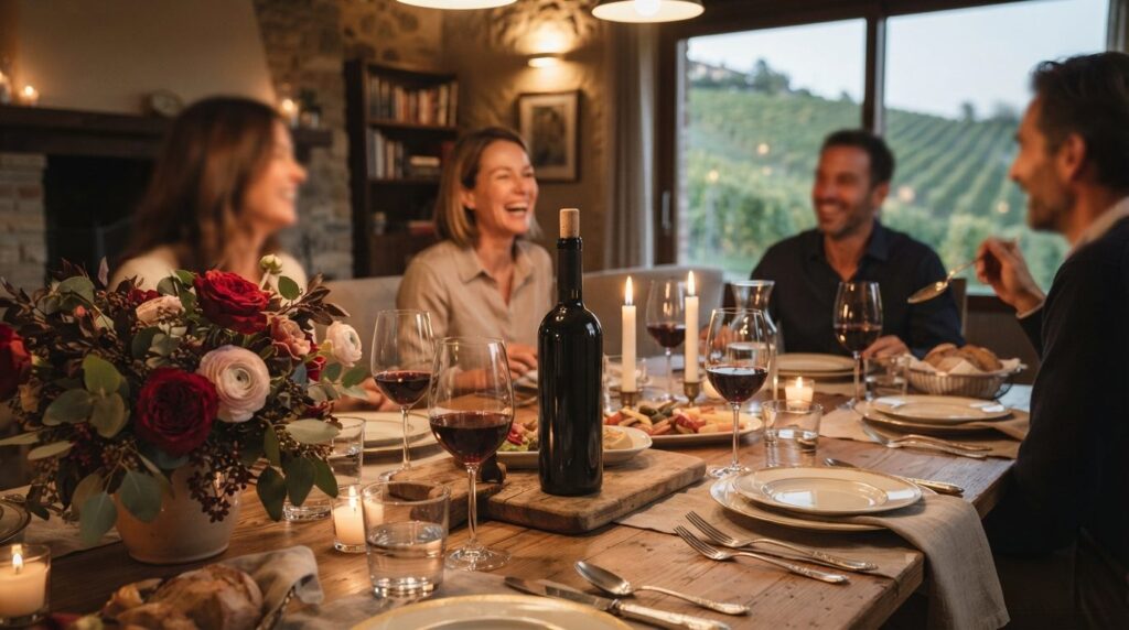 Elegant dinner party scene featuring a Barolo wine bottle as