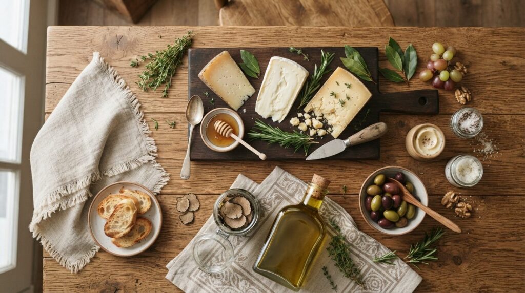 Overhead flat lay of luxury gourmet food gifts for entertain