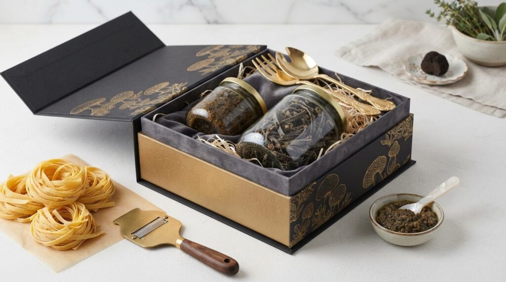 Close-up professional product shot of an open luxury gift bo