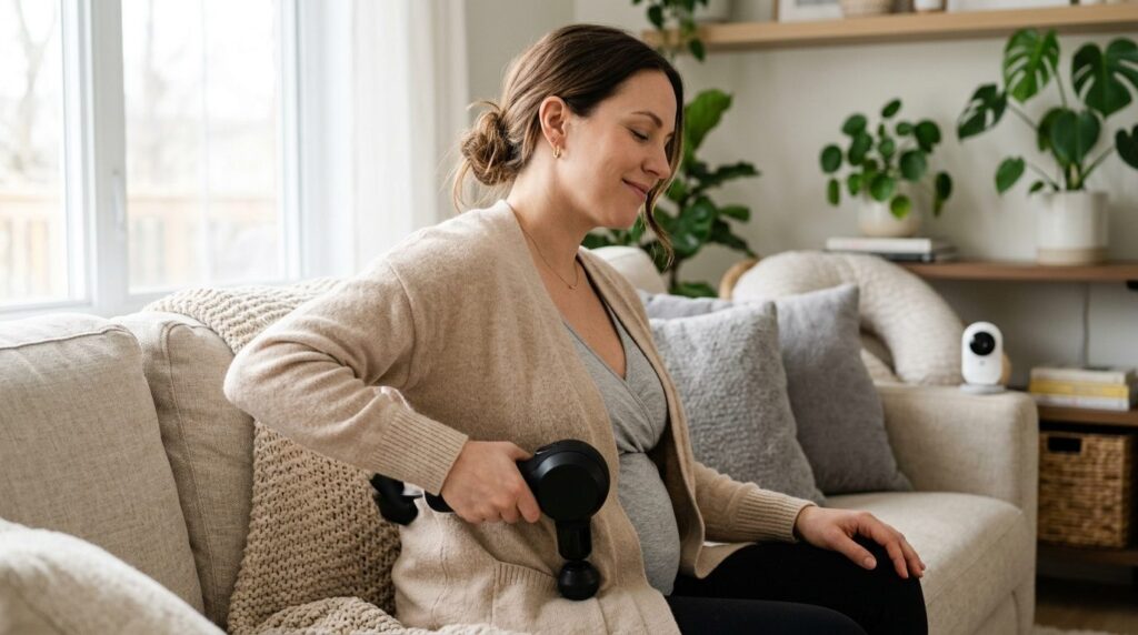 Nybagte forælder bruger en håndmassageenhed til at lindre muskelsmerter.