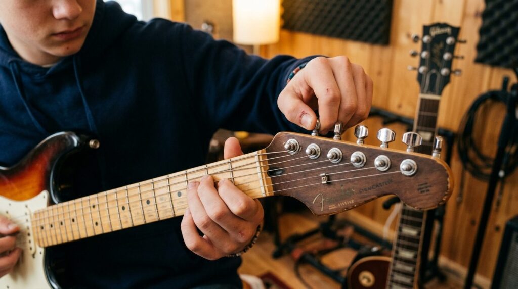 Close-up overhead shot of a teenagers hands adjusting tunin