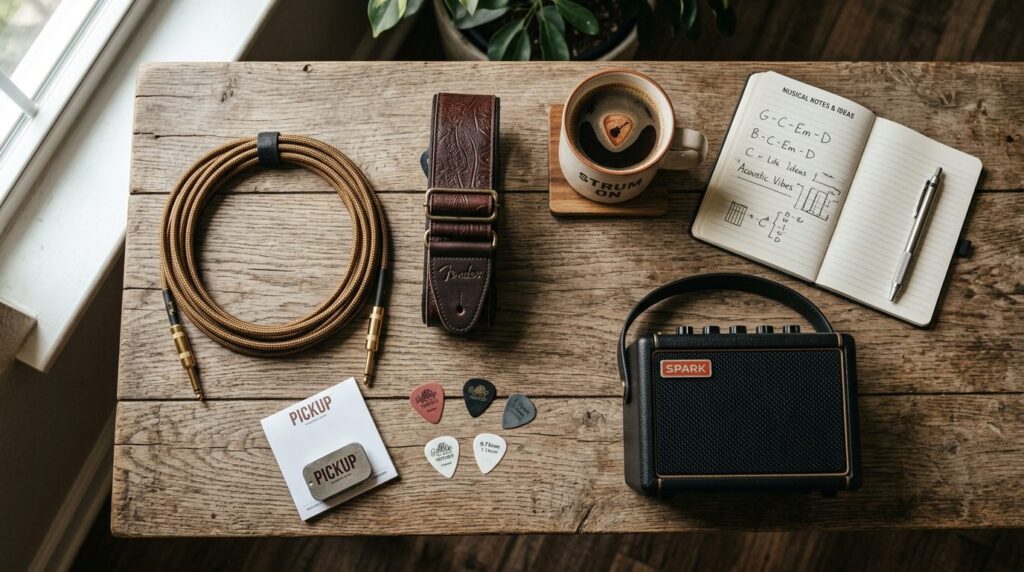 Flat lay lifestyle image of electric guitar accessories arra