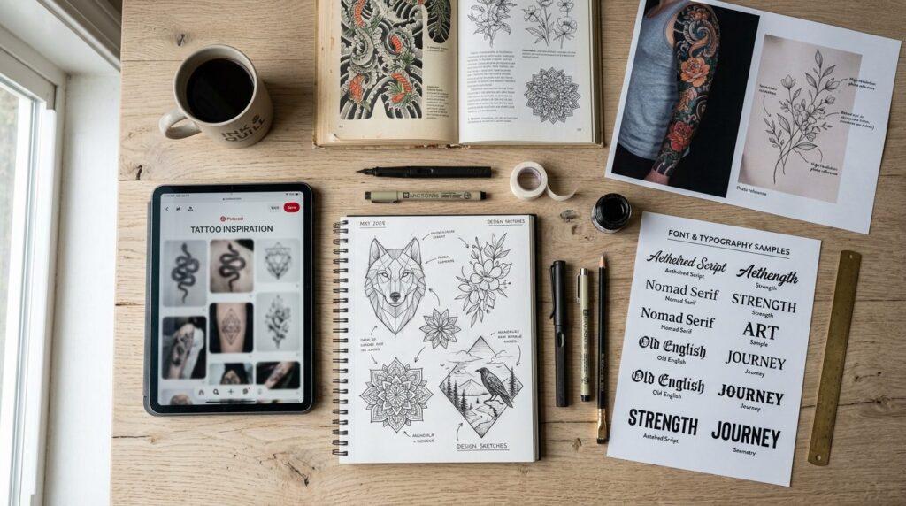 Flat lay photorealistic composition of tattoo design consult