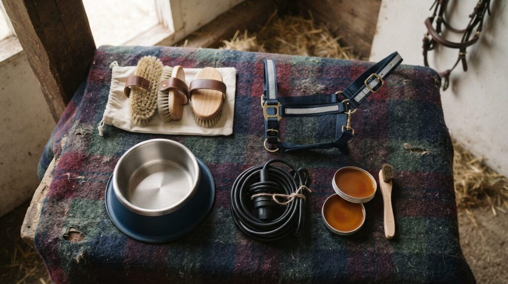 Flat lay composition of winter horse care gift items: luxury