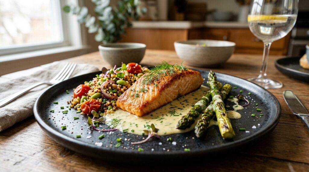 Close-up professional food photography of a beautifully plat