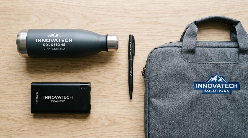 Close-up flat lay of everyday branded corporate merchandise: