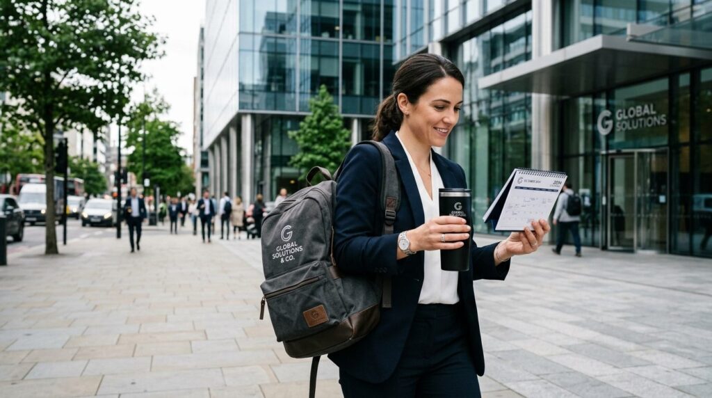 Business professional commuting with branded corporate gifts