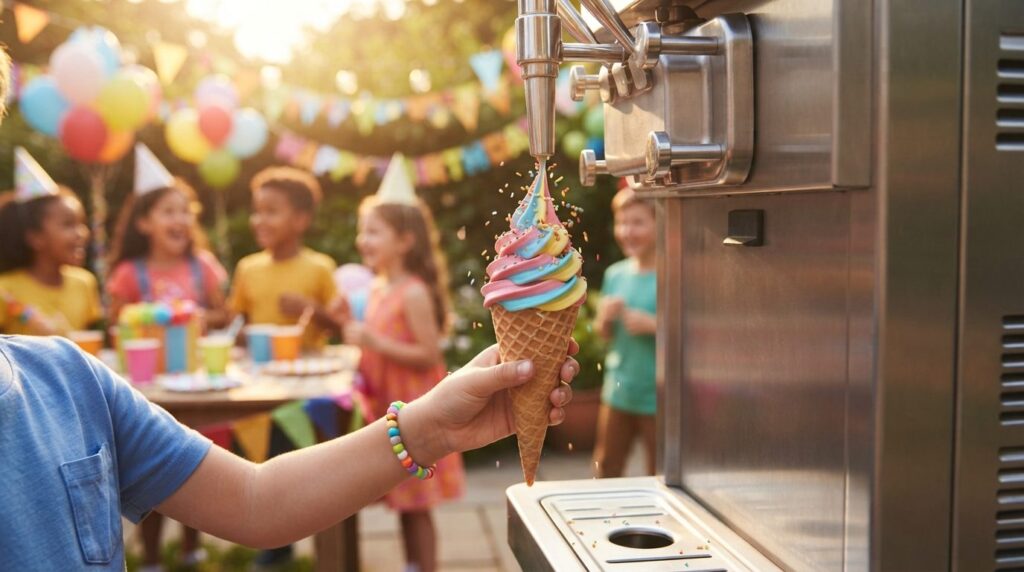 Close-up stock photo of a colorful soft serve ice cream cone