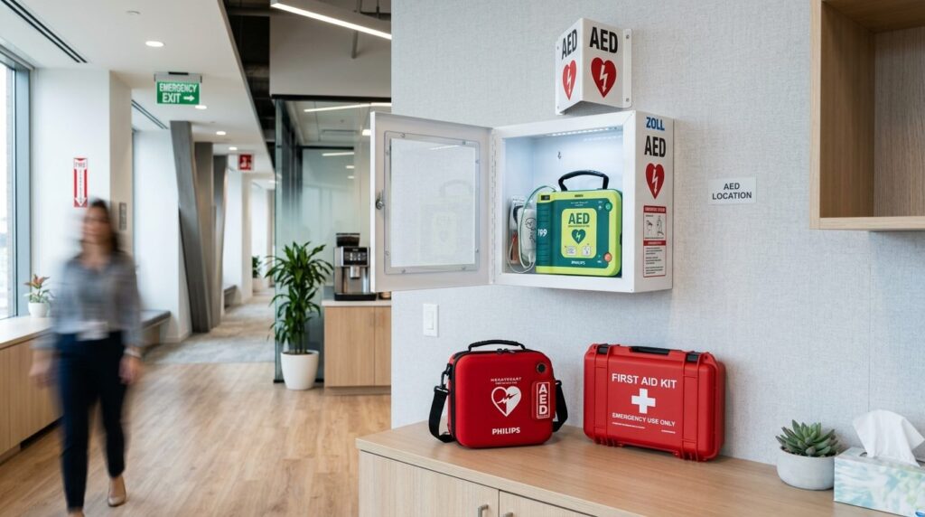 Hjertestarter monteret på væg i moderne kontor- eller erhvervsrum.