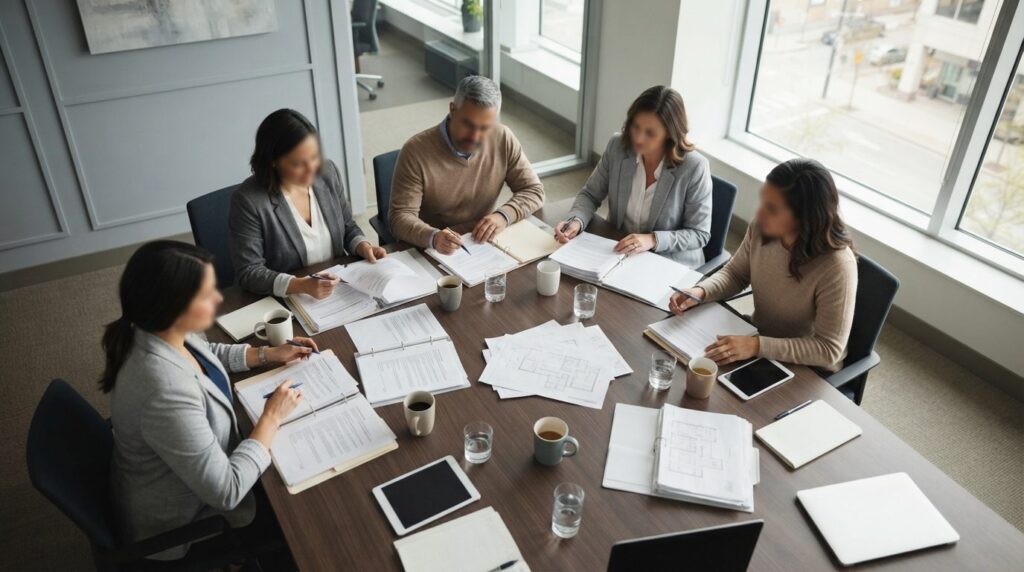 Overhead view of housing association board members sitting a