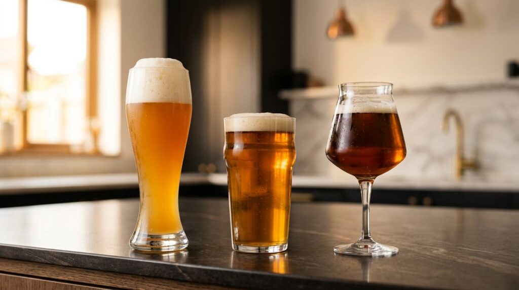 Close-up detailed view of three distinct beer glass shapes f