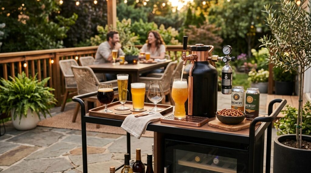Modern home entertainment scene with a compact draft beer ta