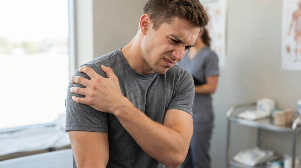 Close-up photograph of person holding shoulder in pain with 