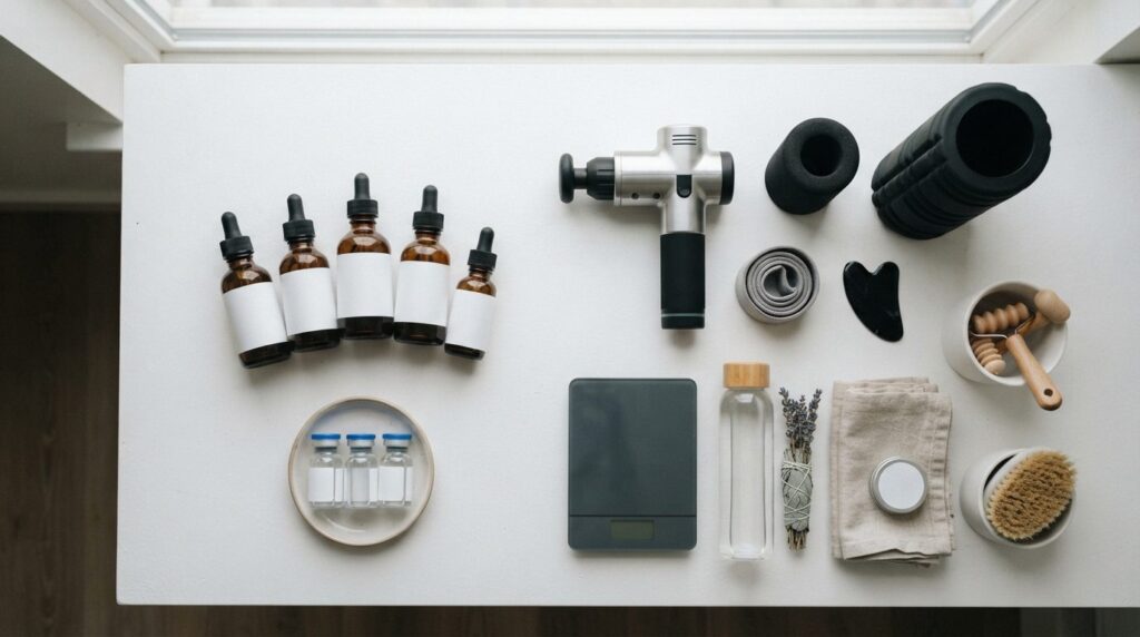 Professional flat lay of recovery and wellness products incl