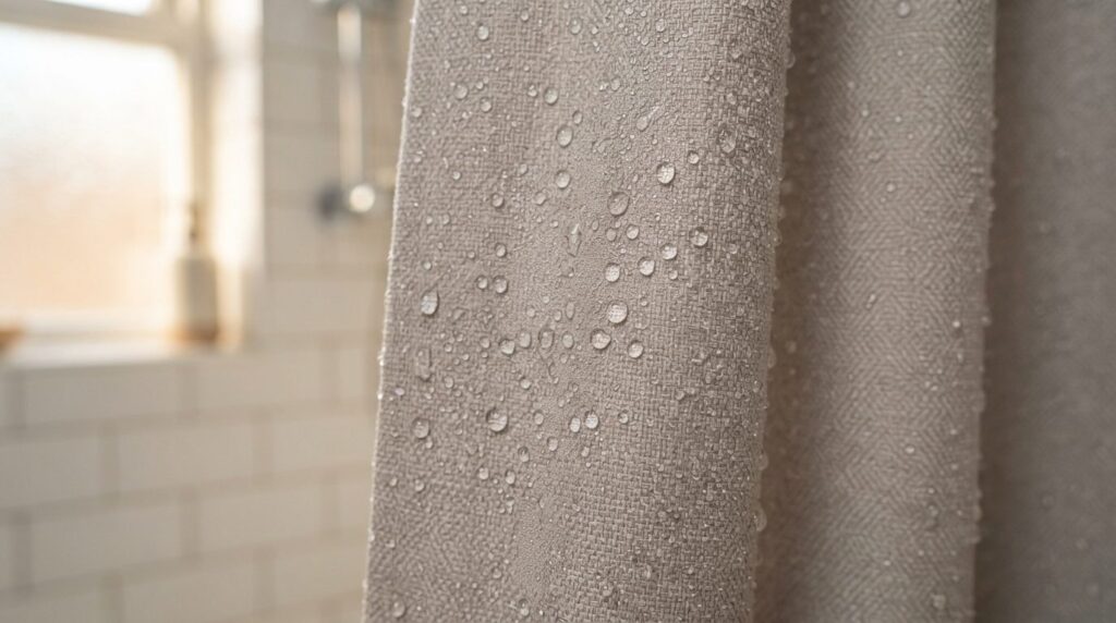 Close-up detail of premium bathroom curtain fabric with wate