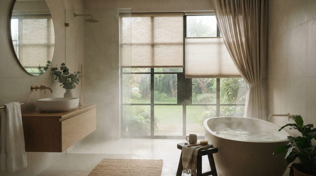 Modern bathroom with layered window treatments including bot