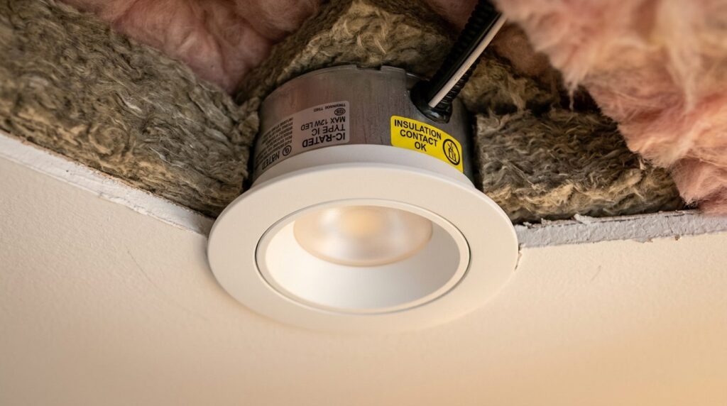Close-up detail shot of an IC-rated LED recessed downlight m