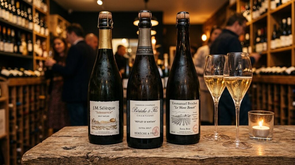En prémiumprodusent champagneflaske fotografert tett opp mot hvit bakgrunn.