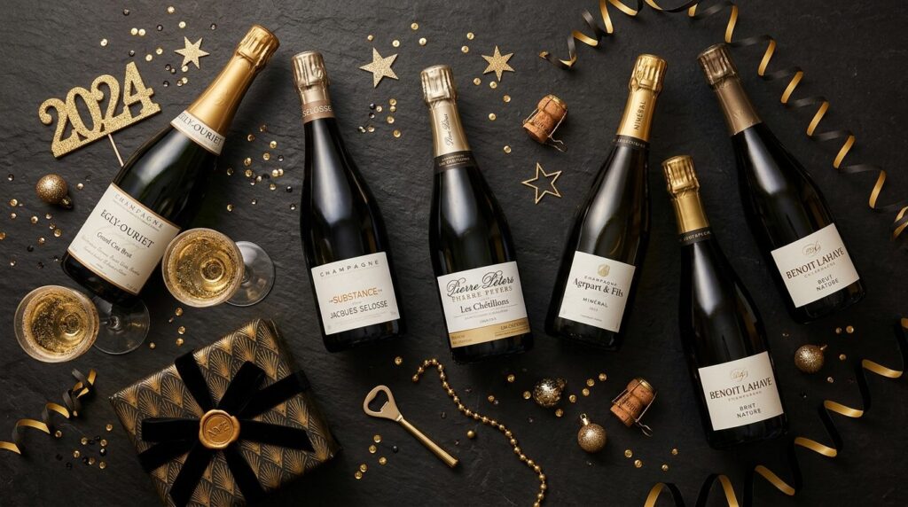 Utsikt ovenfra av et nyttårsaftenssett med champagne og tilbehør på flat overflate.