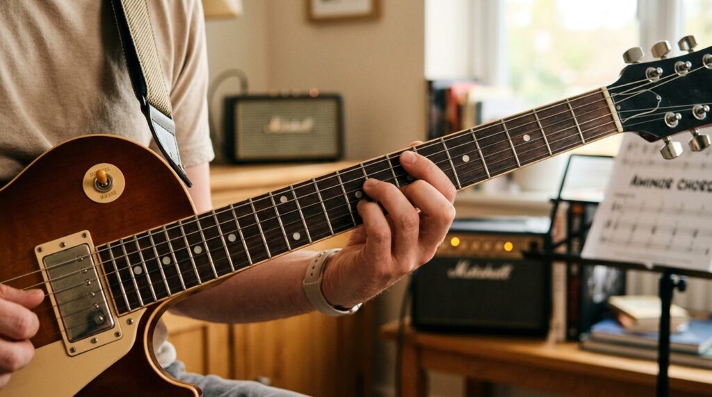 Close-up lifestyle shot of a beginner guitarists hands posi