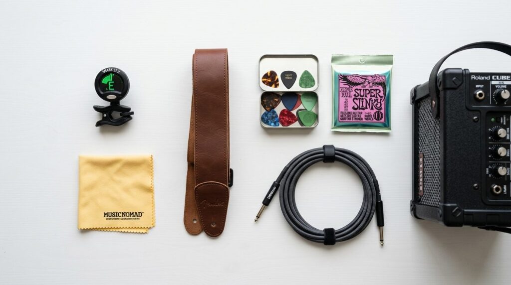 Flat lay overhead view of essential beginner electric guitar