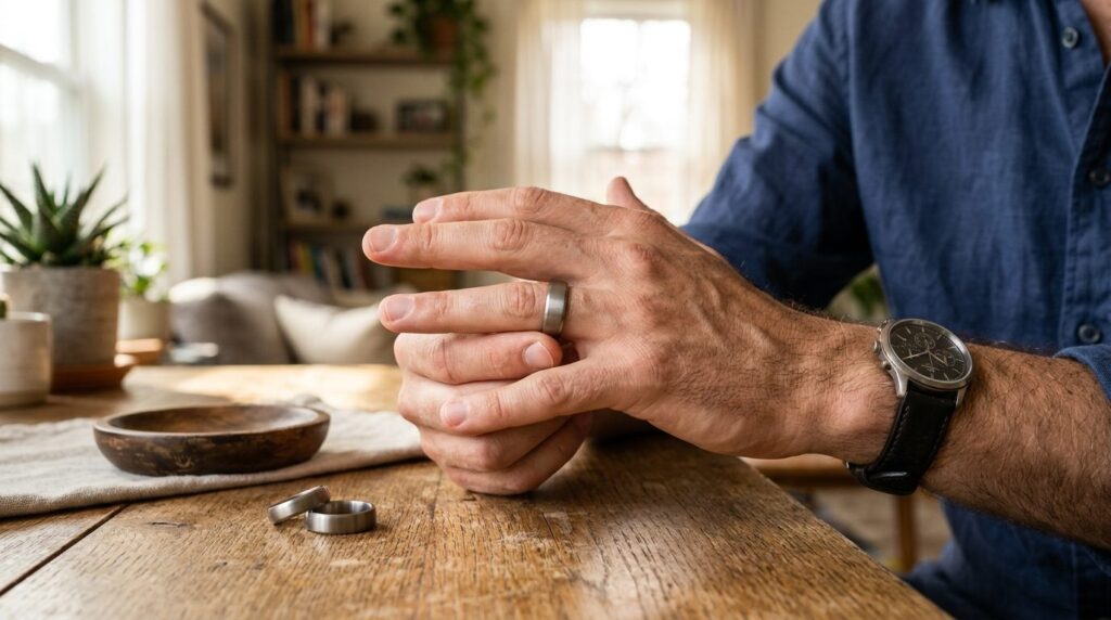 Close-up lifestyle photograph of a mans hand trying on a mo