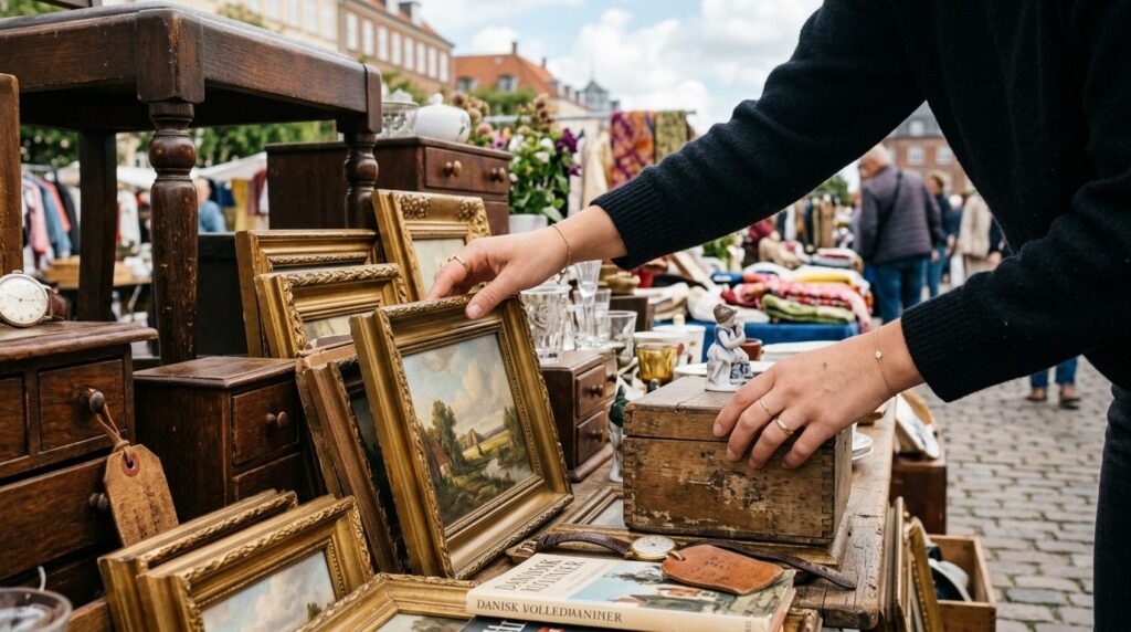 Hænder gennemser vintage-genstande på et loppemarked.