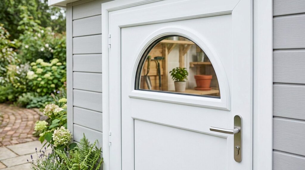 Close-up professional shot of a white PVC garden shed door w