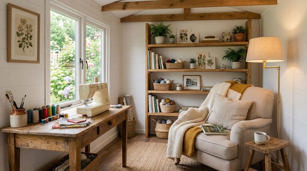 Warm lifestyle interior photograph of a hobby room setup in 