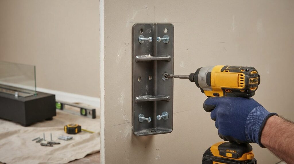 Close-up detail shot of a wall-mounted bio fireplace bracket