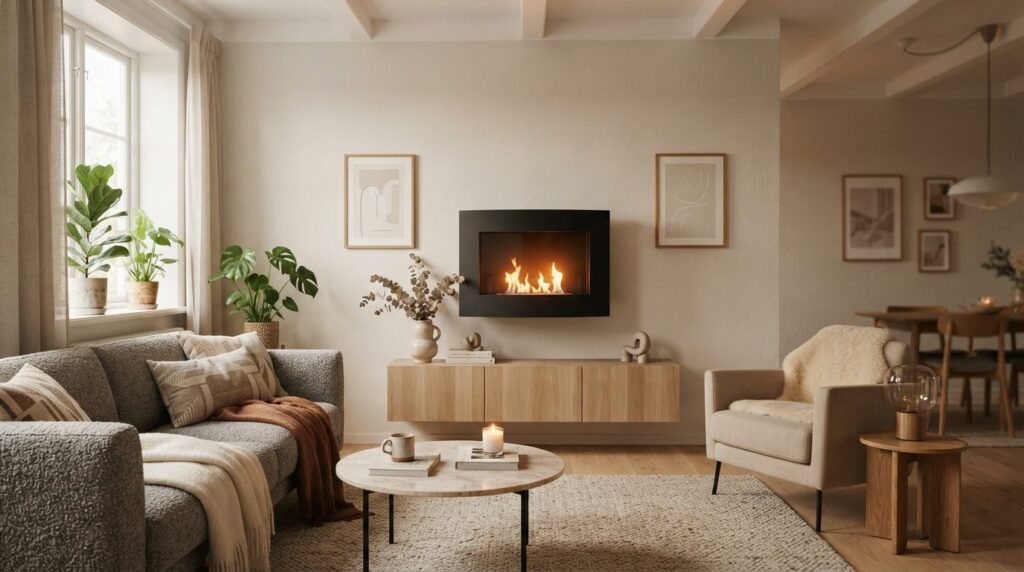 Stylish Scandinavian apartment living room with a wall-mount