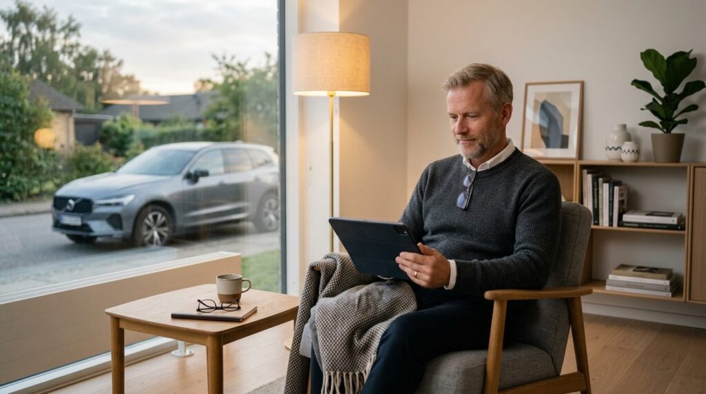 Photorealistic image of a calm middle-aged Danish man review