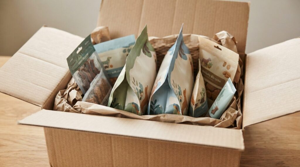 Close-up professional stock photo of dog food packages and t