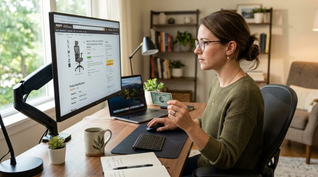 Photorealistic stock image, 16:9 format, a woman examining p