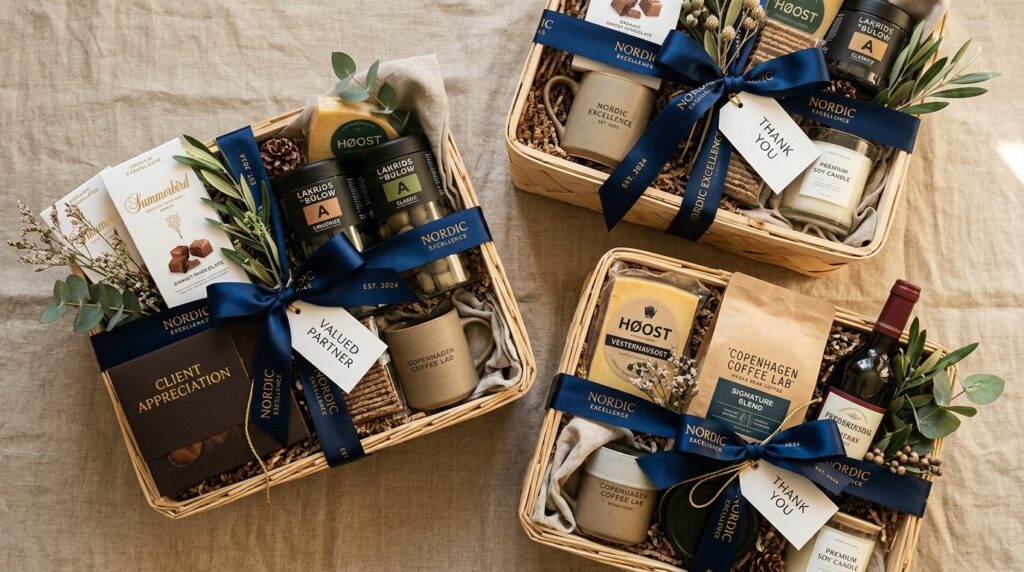 Luksusgifte kurve set fra oven med fint indpakket indhold og elegant dekorationer.