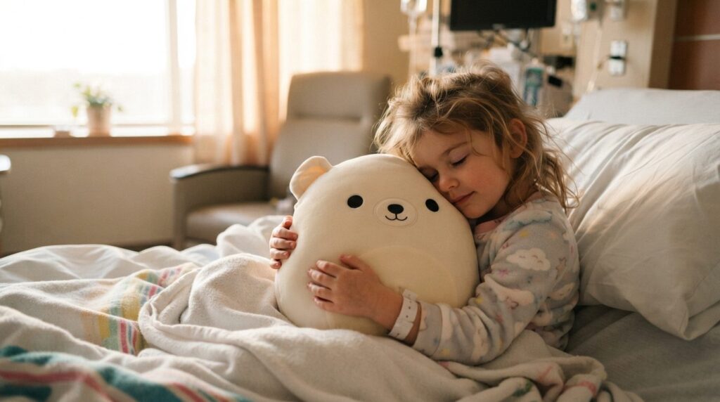 Emotional scene of a young child in bed holding a soft Squis