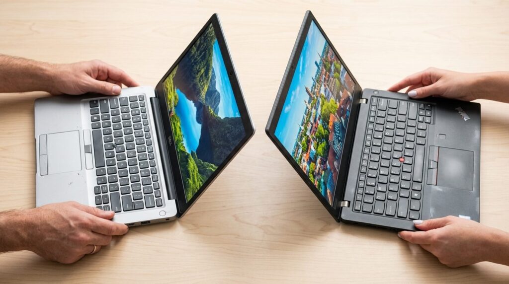 Close-up stock photo of hands holding and comparing two refu