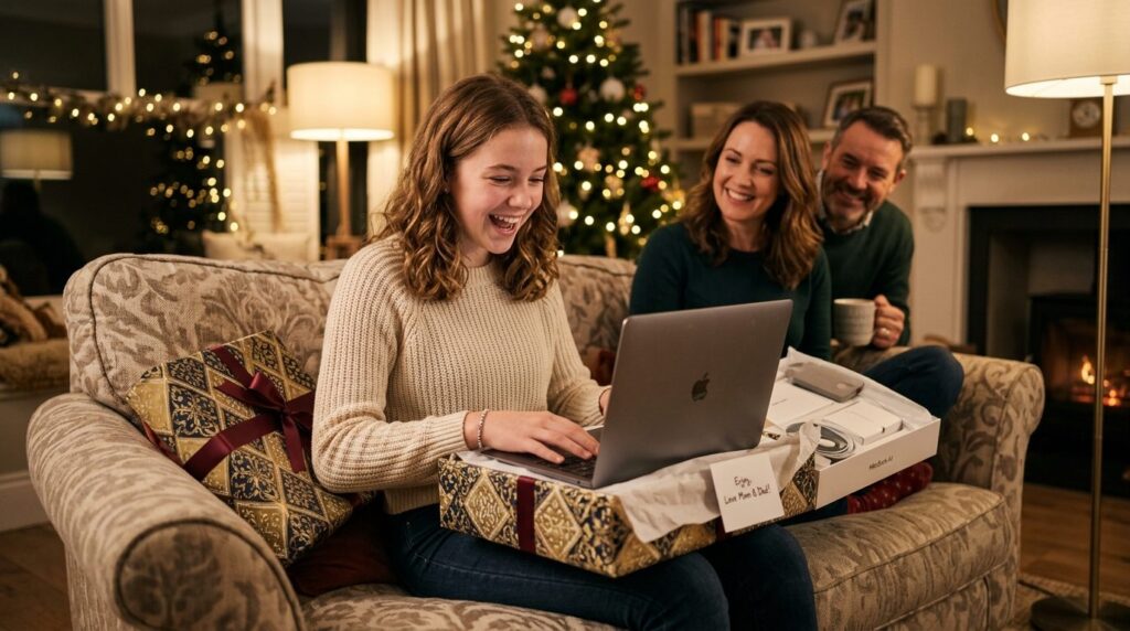 Teen girl opening a beautifully wrapped gift box containing 