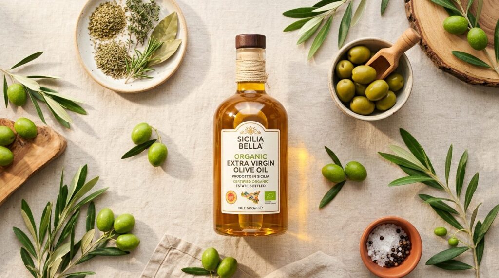 Flat lay overhead view of authentic Sicilian organic extra v