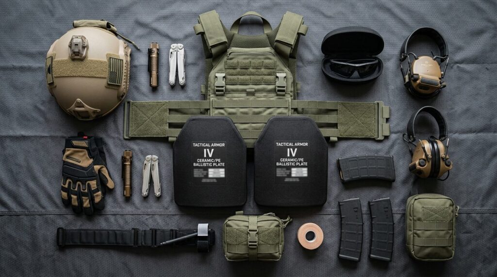 Flat lay overhead shot of tactical protective gear component