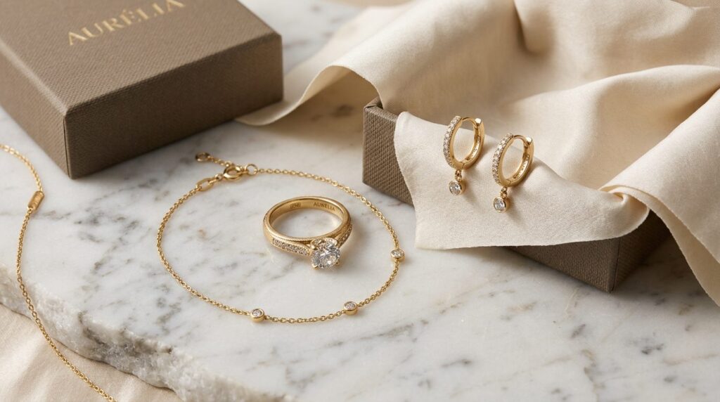 Close-up flat lay of various jewelry items including a brace