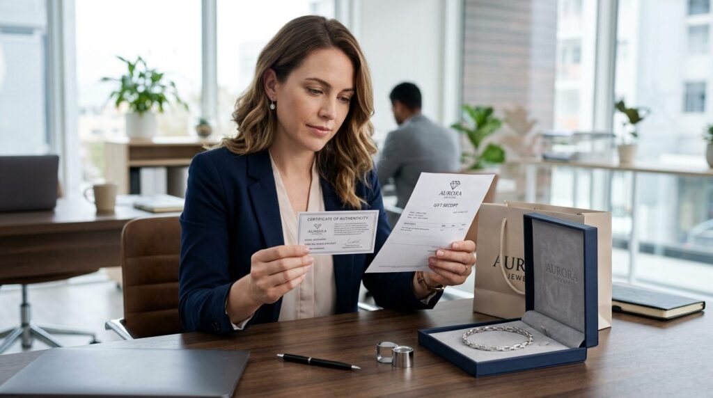 Woman checking jewelry authenticity certificate and gift rec
